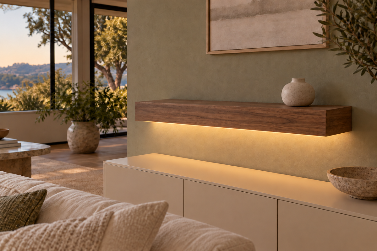 Gentry Stinson Walnut Floating Shelf | 30″ long × 4″ thick | Standard Mount | Natural | LED Light Ready — Bottom Front location; rendering with separately supplied LED tape
