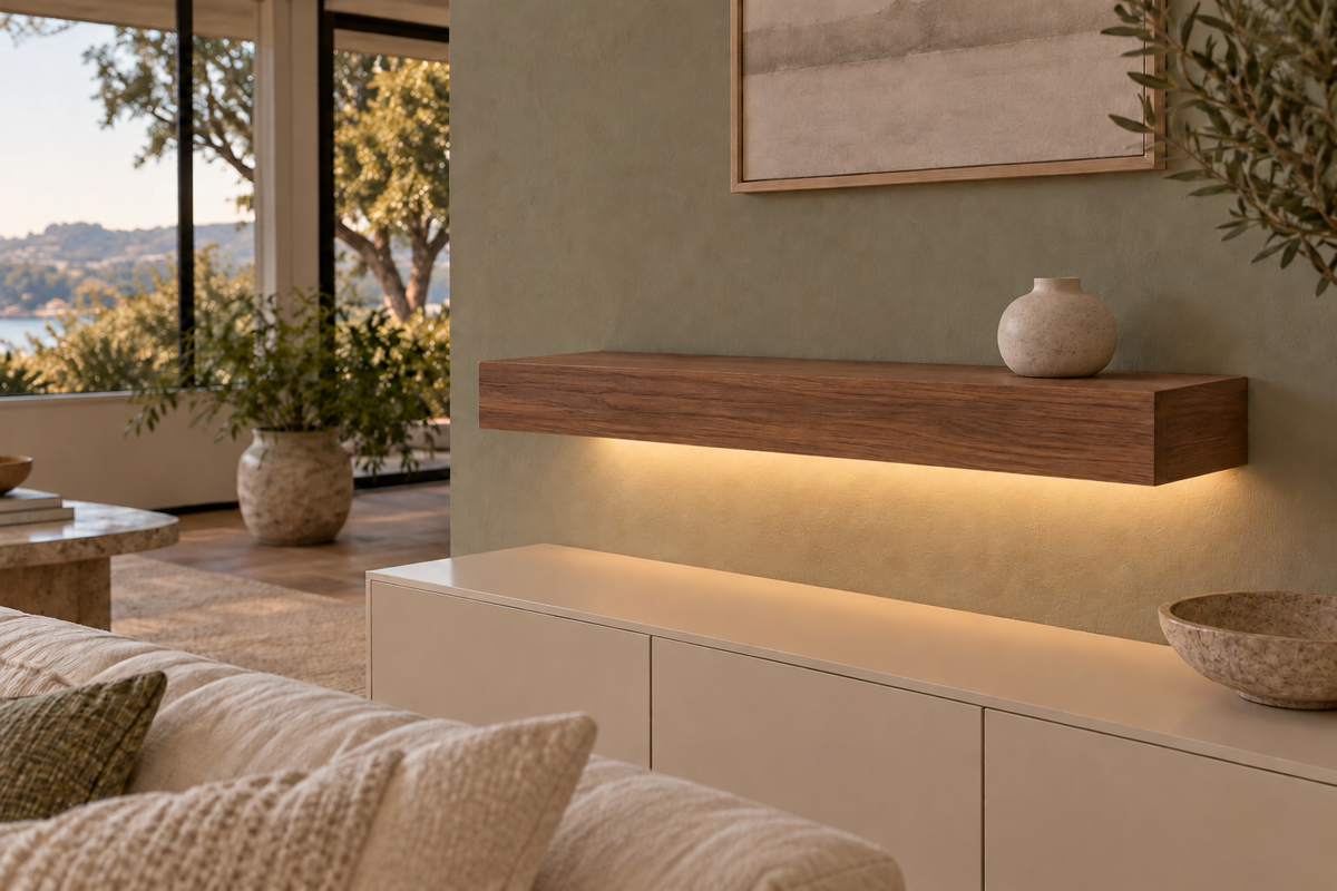 Gentry Stinson Walnut Floating Shelf | 30″ long × 4″ thick | Standard Mount | Natural | LED Light Ready — Bottom Rear location; rendering with separately supplied LED tape
