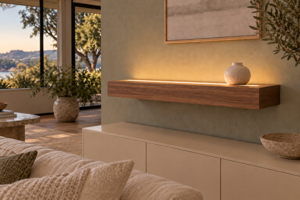 Gentry Stinson Walnut Floating Shelf | 30″ long × 4″ thick | Standard Mount | Natural | LED Light Ready — Top Front location; rendering with separately supplied LED tape