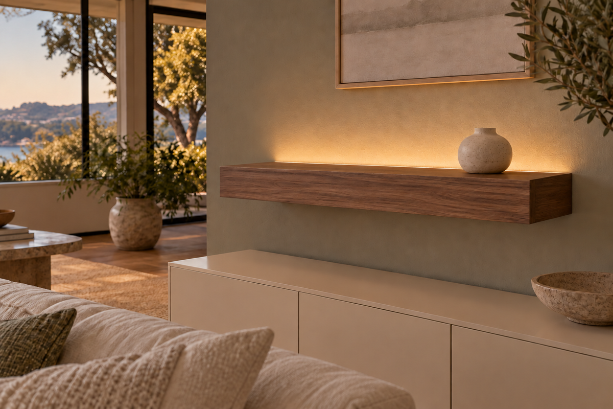 Gentry Stinson Walnut Floating Shelf | 30″ long × 4″ thick | Standard Mount | Natural | LED Light Ready — Top Rear location; rendering with separately supplied LED tape