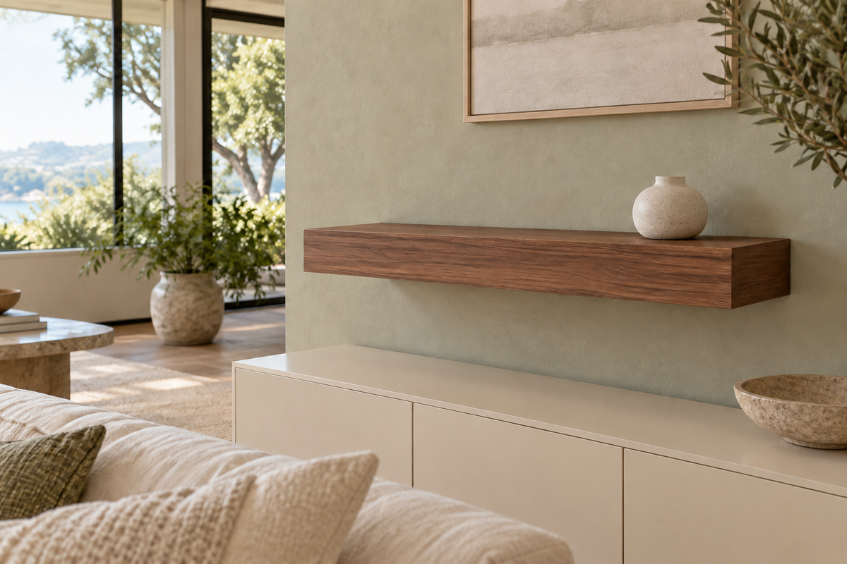 30-inch long, 4-inch thick natural walnut floating shelf, standard mount, unlit, living-room rendering