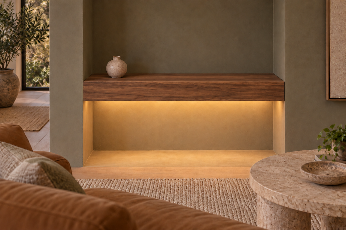 Gentry Stinson Walnut Floating Shelf | 30″ long × 4″ thick | Wall to Wall | Natural | LED Light Ready — Bottom Front location; rendering with separately supplied LED tape