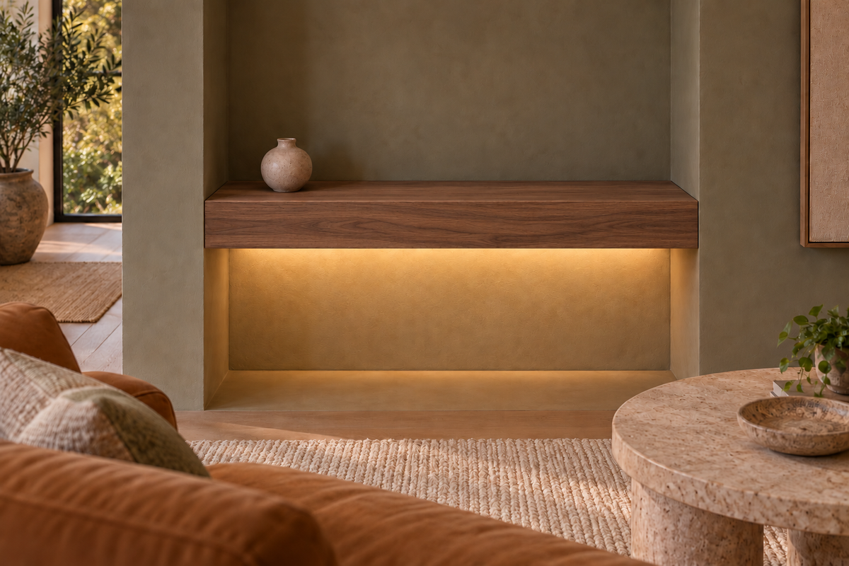 Gentry Stinson Walnut Floating Shelf | 30″ long × 4″ thick | Wall to Wall | Natural | LED Light Ready — Bottom Rear location; rendering with separately supplied LED tape