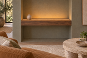 Gentry Stinson Walnut Floating Shelf | 30″ long × 4″ thick | Wall to Wall | Natural | LED Light Ready — Top Front location; rendering with separately supplied LED tape
