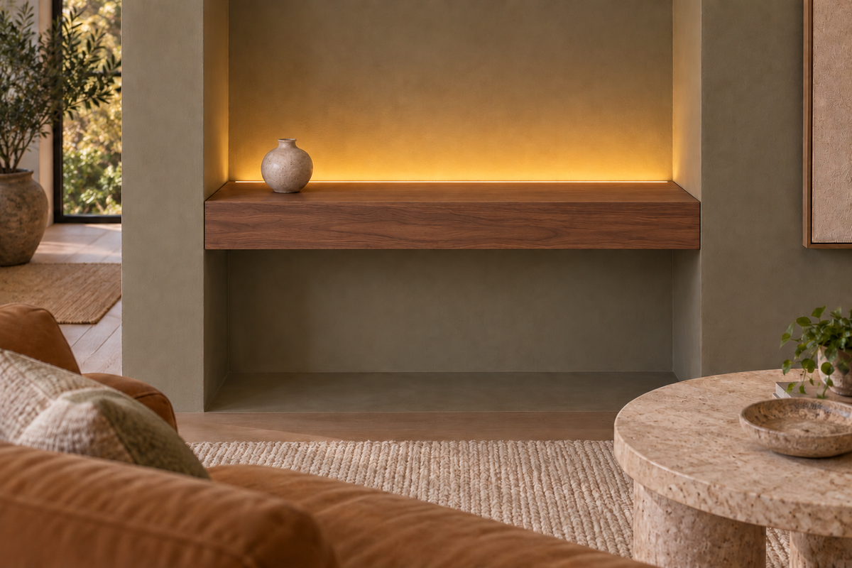 Gentry Stinson Walnut Floating Shelf | 30″ long × 4″ thick | Wall to Wall | Natural | LED Light Ready — Top Rear location; rendering with separately supplied LED tape
