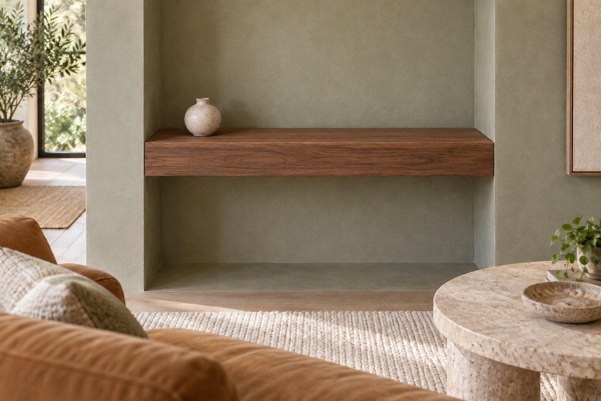 30-inch long, 4-inch thick natural walnut floating shelf, wall-to-wall mount, unlit, living-room rendering