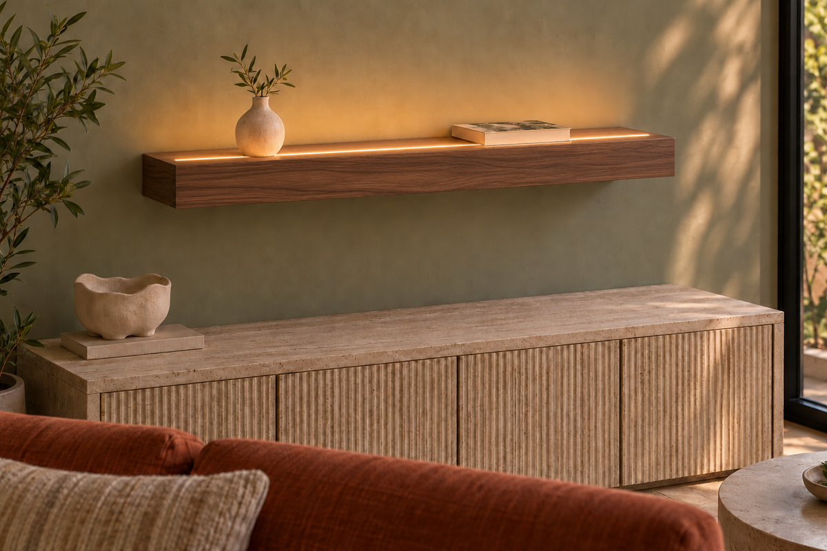 30 × 8 × 3 inch natural walnut floating shelf, standard mount, LED-ready Top Front location shown with separately supplied lighting, living-room rendering