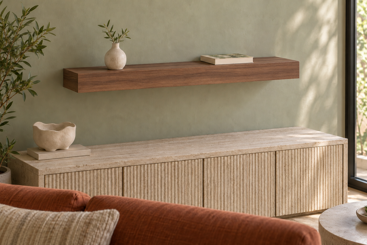 30 × 8 × 3 inch natural walnut floating shelf, standard mount, unlit, living-room rendering