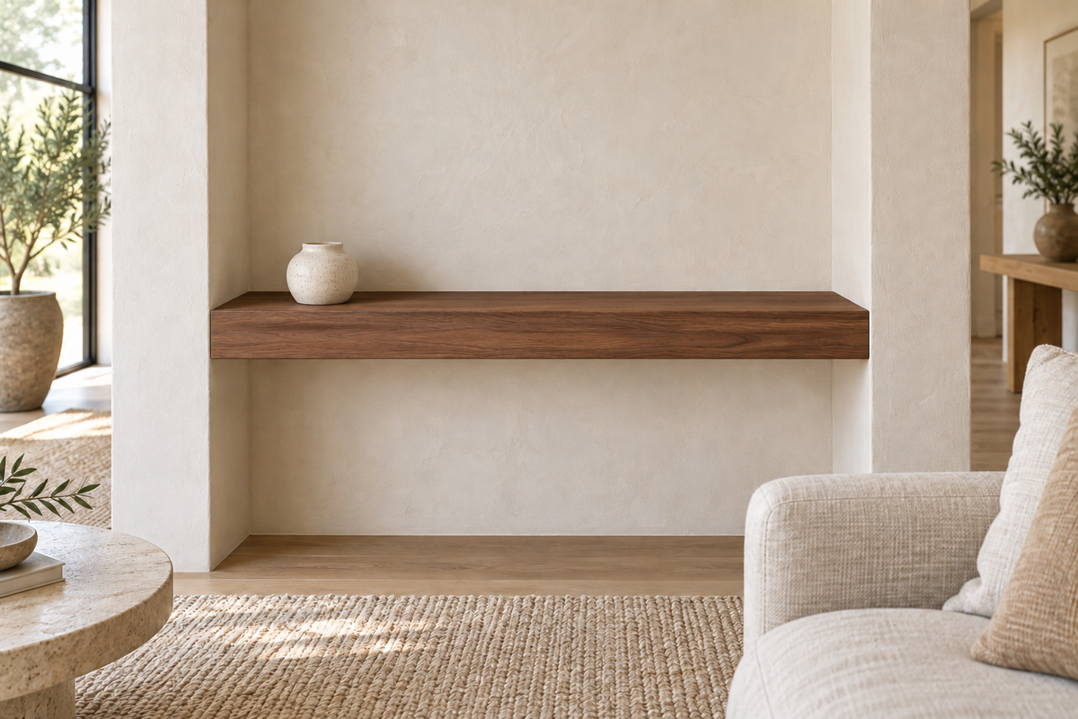 30 × 8 × 3 inch natural walnut floating shelf, wall-to-wall mount, unlit, living-room rendering