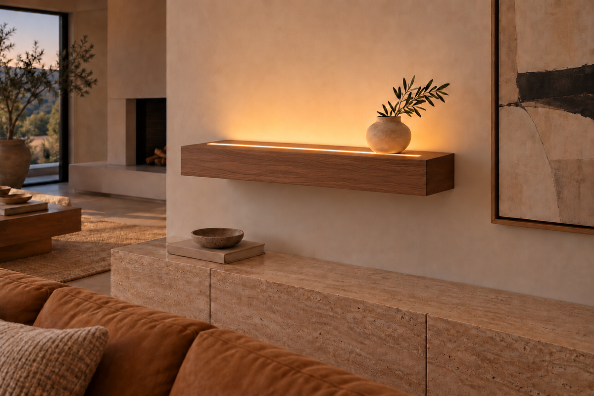 30 × 8 × 4 inch natural walnut floating shelf, standard mount, LED-ready Top Front location shown with separately supplied lighting, living-room rendering