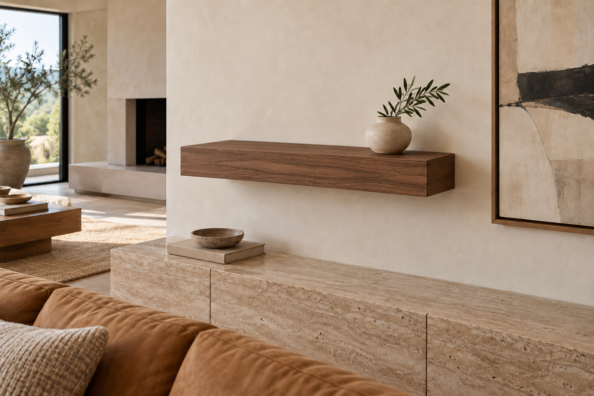 30 × 8 × 4 inch natural walnut floating shelf, standard mount, unlit, living-room rendering