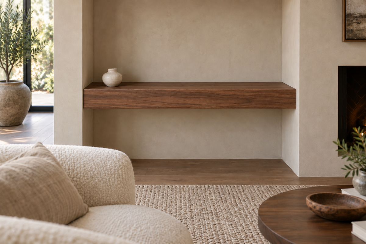 30 × 8 × 4 inch natural walnut floating shelf, wall-to-wall mount, unlit, living-room rendering