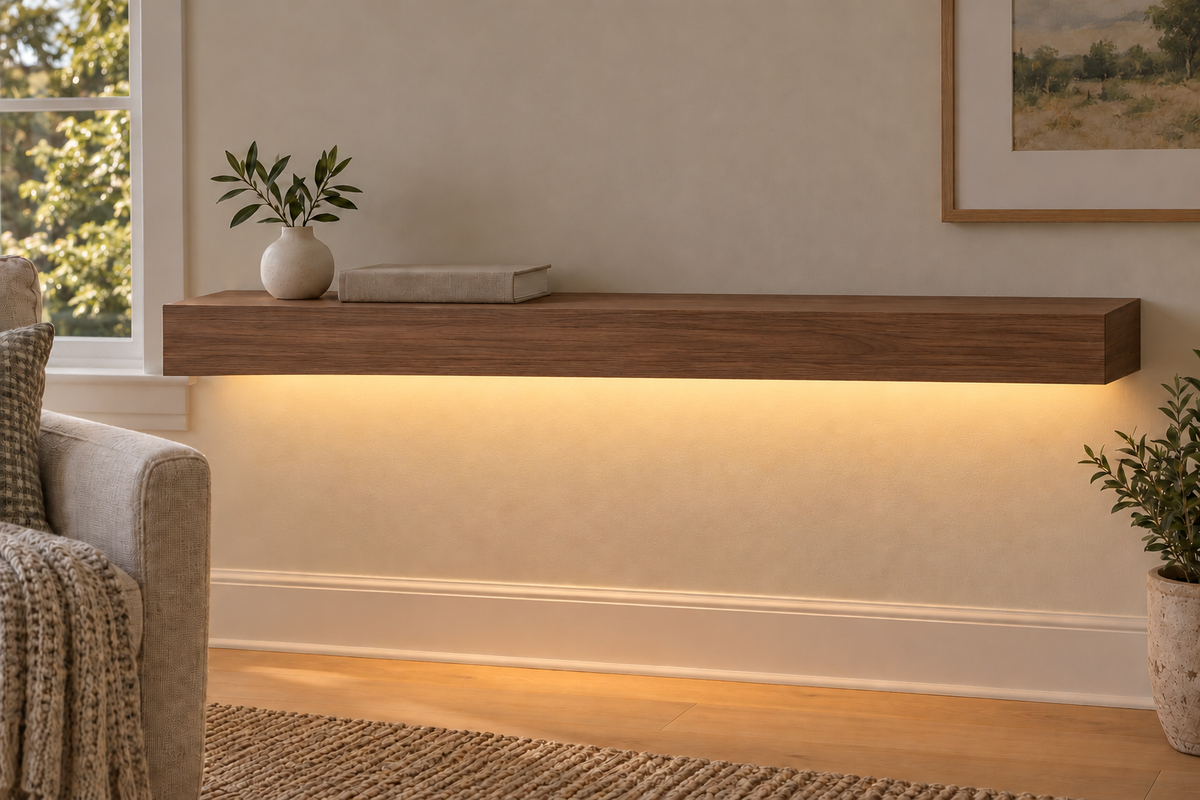 36-inch long, 3-inch thick natural walnut floating shelf, standard mount, LED-ready Bottom Front location shown with separately supplied lighting, living-room rendering