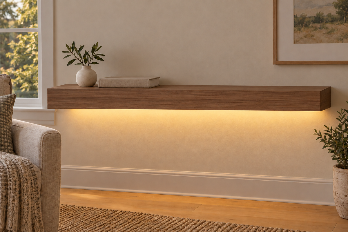 36-inch long, 3-inch thick natural walnut floating shelf, standard mount, LED-ready Bottom Rear location shown with separately supplied lighting, living-room rendering