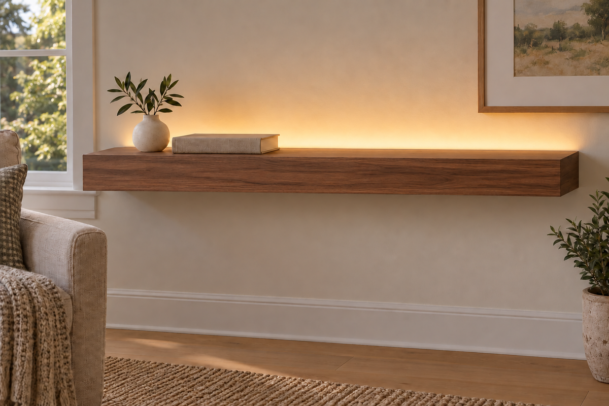 36-inch long, 3-inch thick natural walnut floating shelf, standard mount, LED-ready Top Rear location shown with separately supplied lighting, living-room rendering