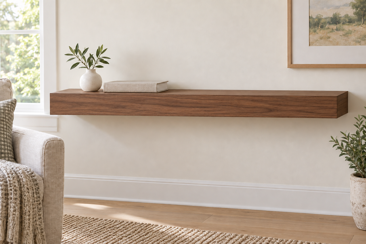 36-inch long, 3-inch thick natural walnut floating shelf, standard mount, unlit, living-room rendering
