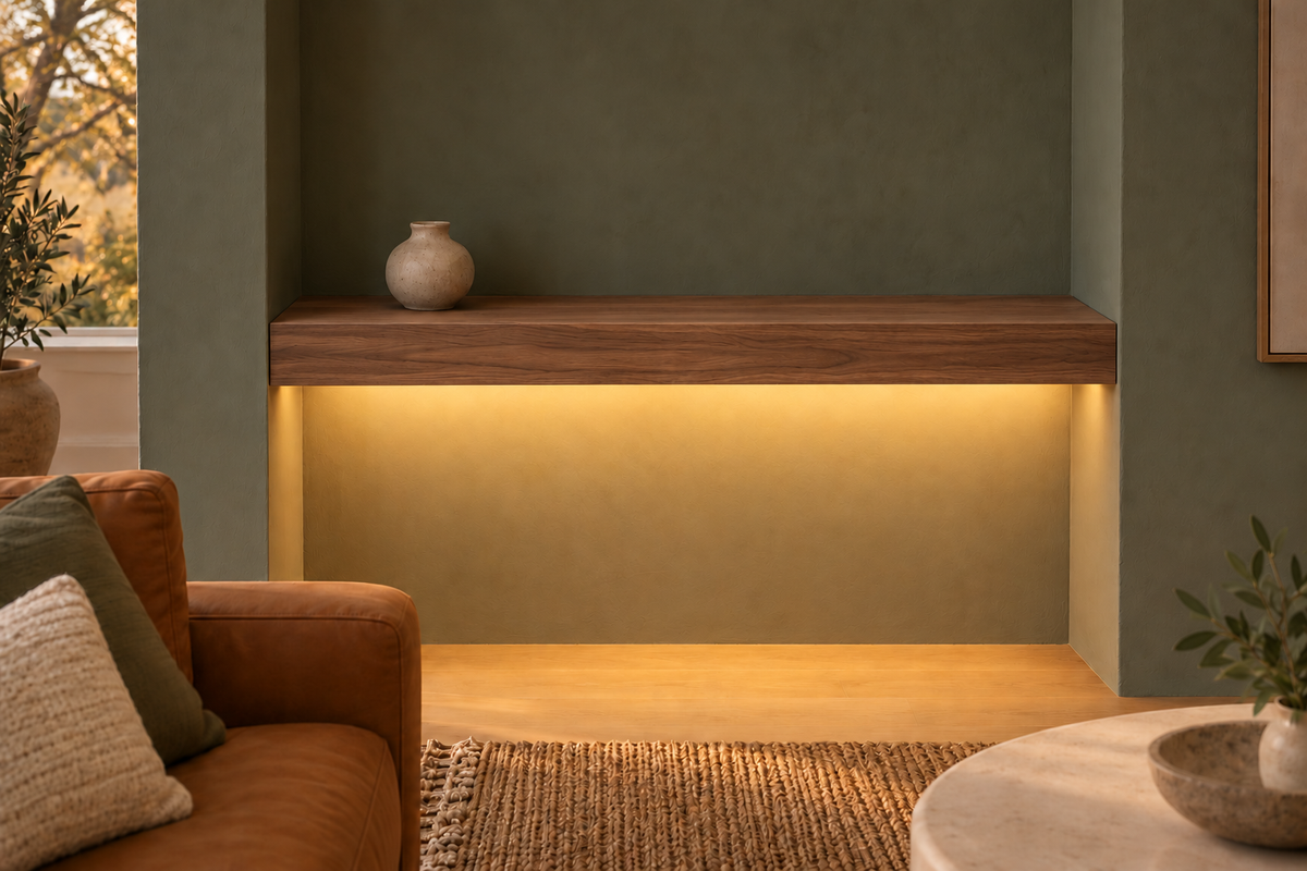 Gentry Stinson Walnut Floating Shelf | 36″ long × 3″ thick | Wall to Wall | Natural | LED Light Ready — Bottom Front location; rendering with separately supplied LED tape