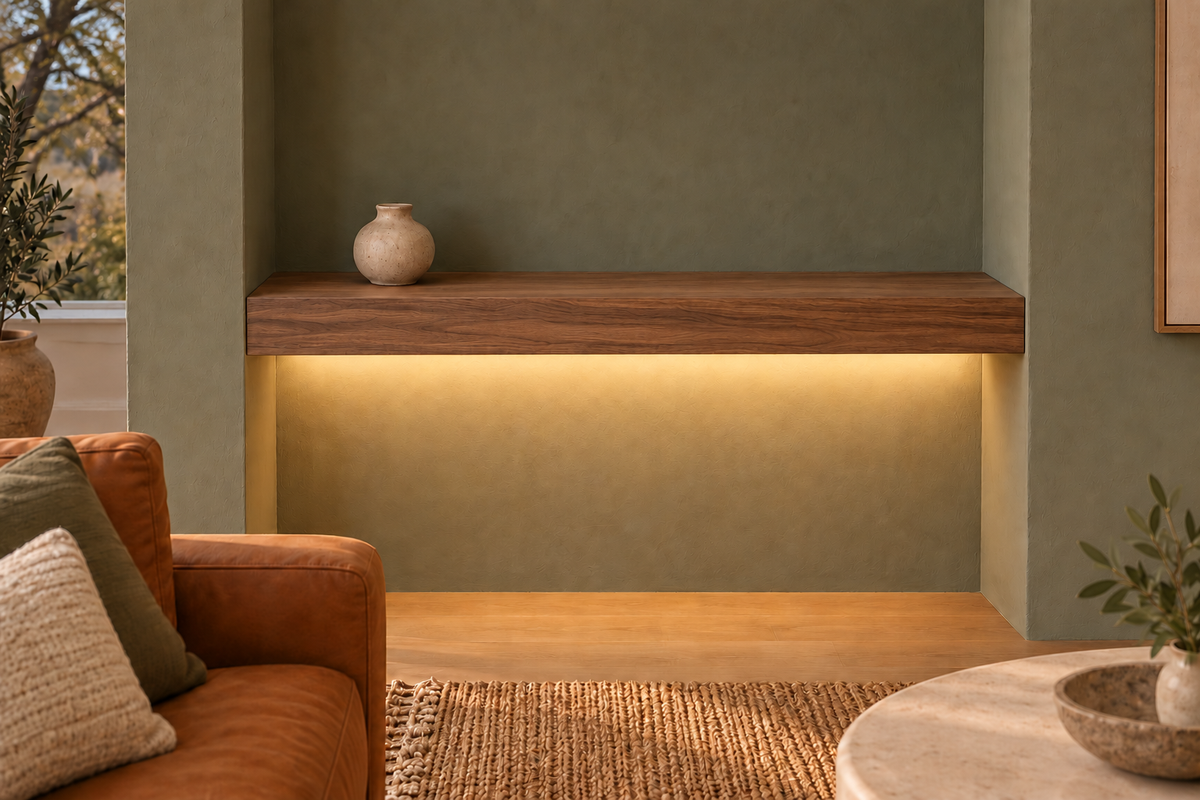 Gentry Stinson Walnut Floating Shelf | 36″ long × 3″ thick | Wall to Wall | Natural | LED Light Ready — Bottom Rear location; rendering with separately supplied LED tape