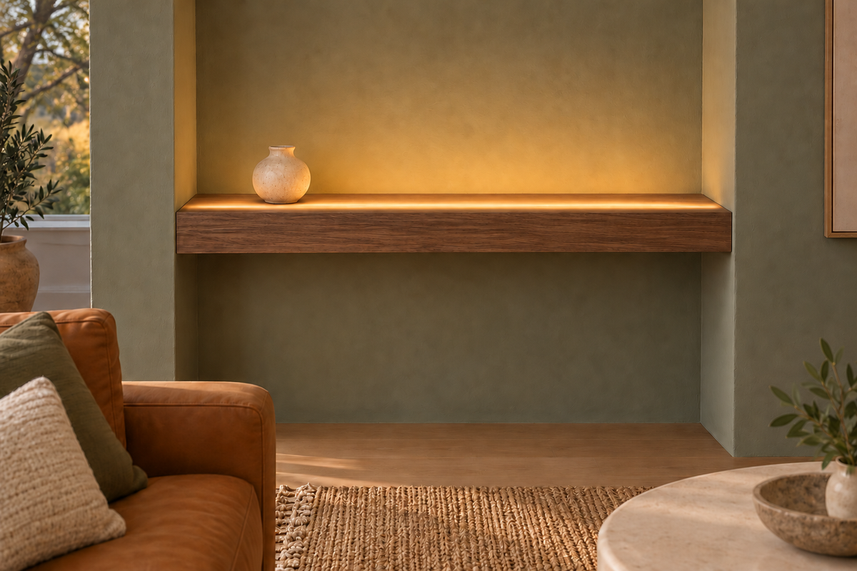 Gentry Stinson Walnut Floating Shelf | 36″ long × 3″ thick | Wall to Wall | Natural | LED Light Ready — Top Front location; rendering with separately supplied LED tape