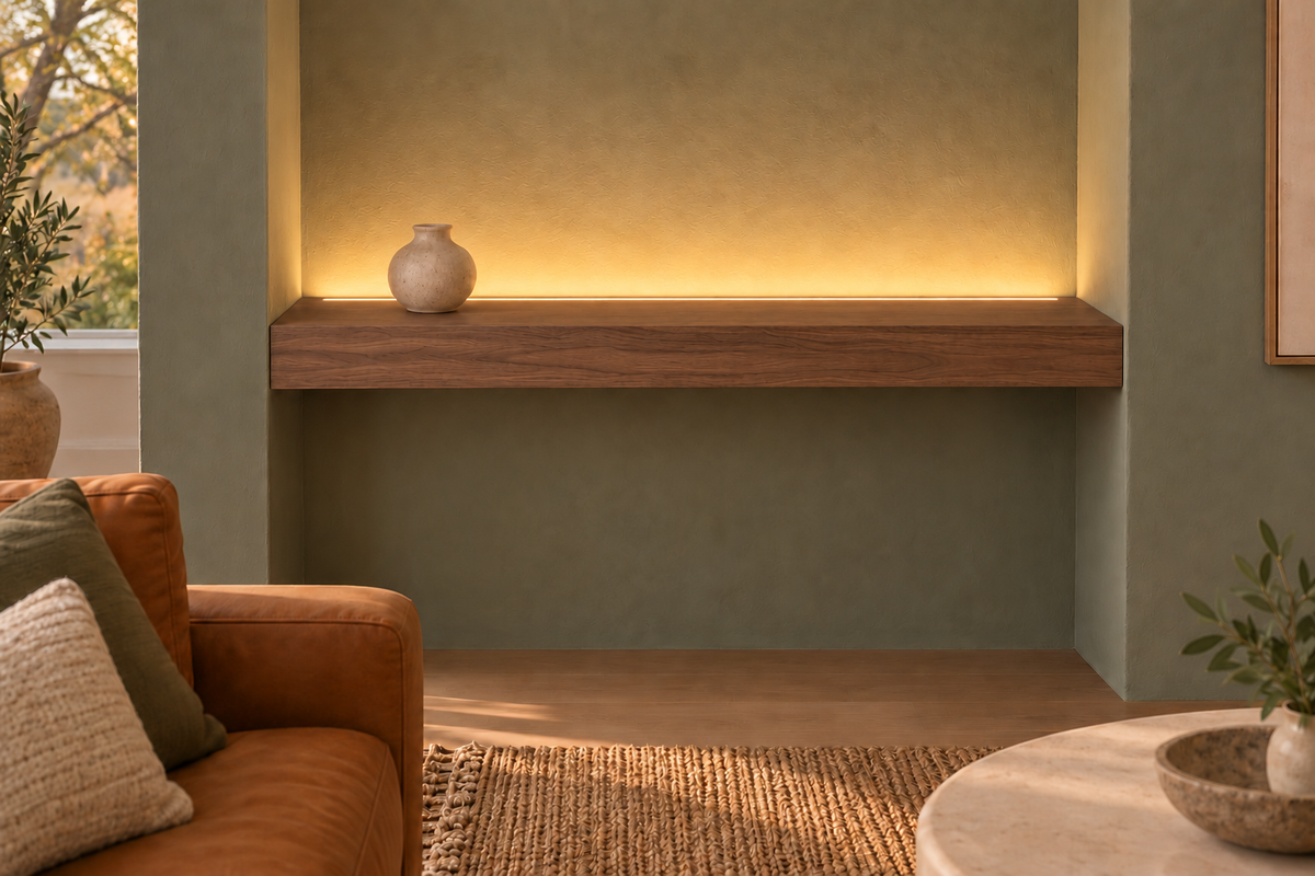 Gentry Stinson Walnut Floating Shelf | 36″ long × 3″ thick | Wall to Wall | Natural | LED Light Ready — Top Rear location; rendering with separately supplied LED tape
