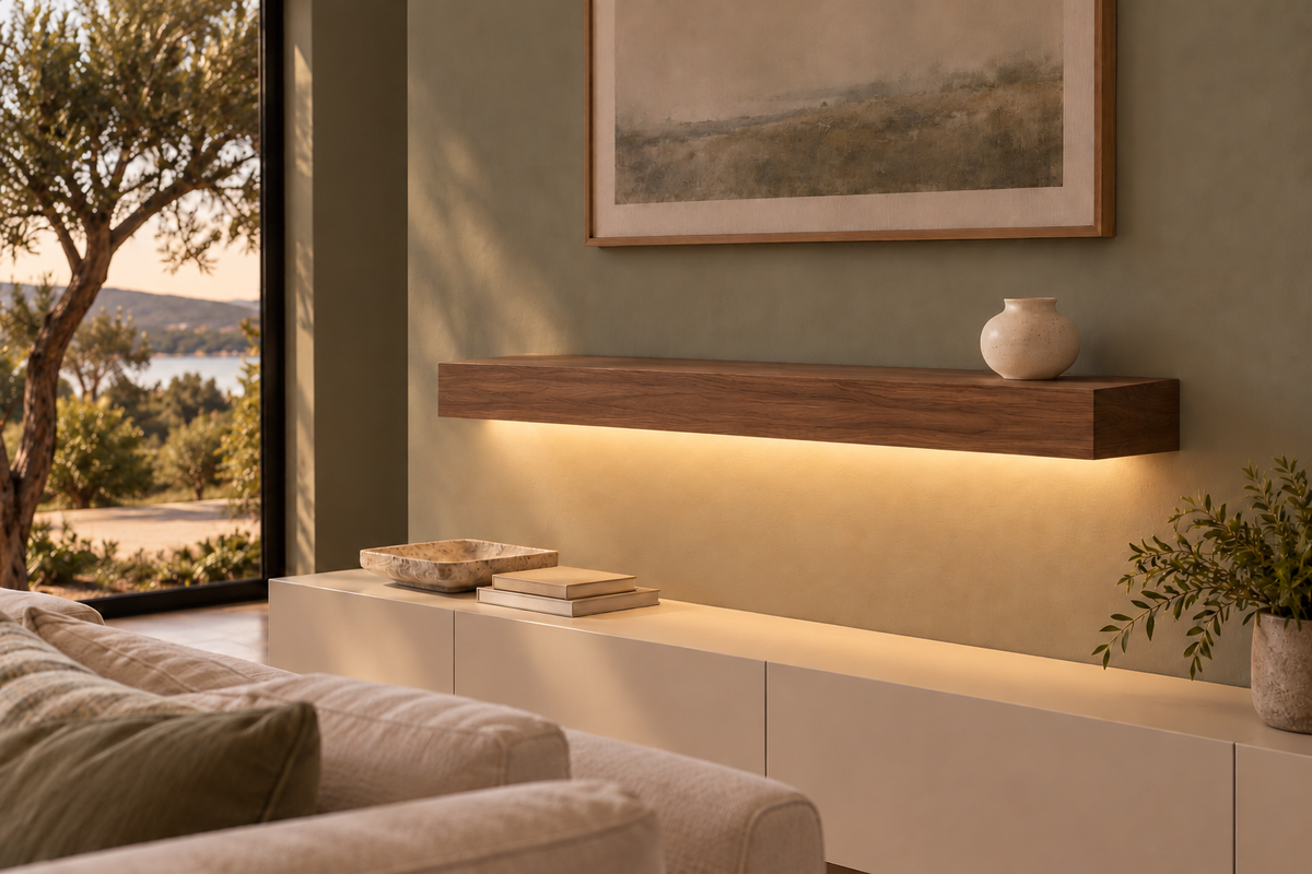 Gentry Stinson Walnut Floating Shelf | 36″ long × 4″ thick | Standard Mount | Natural | LED Light Ready — Bottom Front location; rendering with separately supplied LED tape