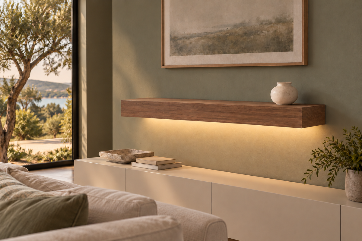 Gentry Stinson Walnut Floating Shelf | 36″ long × 4″ thick | Standard Mount | Natural | LED Light Ready — Bottom Rear location; rendering with separately supplied LED tape