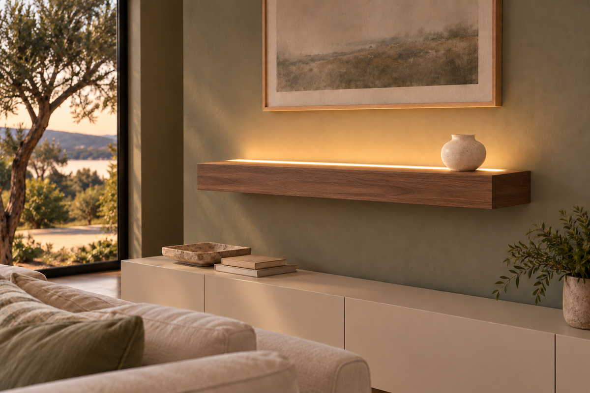 Gentry Stinson Walnut Floating Shelf | 36″ long × 4″ thick | Standard Mount | Natural | LED Light Ready — Top Front location; rendering with separately supplied LED tape