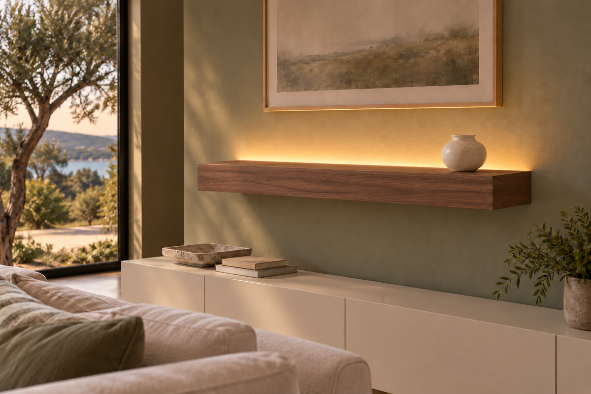 Gentry Stinson Walnut Floating Shelf | 36″ long × 4″ thick | Standard Mount | Natural | LED Light Ready — Top Rear location; rendering with separately supplied LED tape