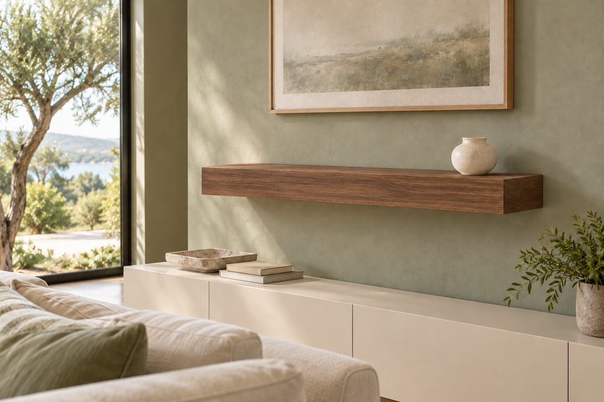 36 × 10 × 4 inch natural walnut floating shelf, standard mount, unlit, living-room rendering
