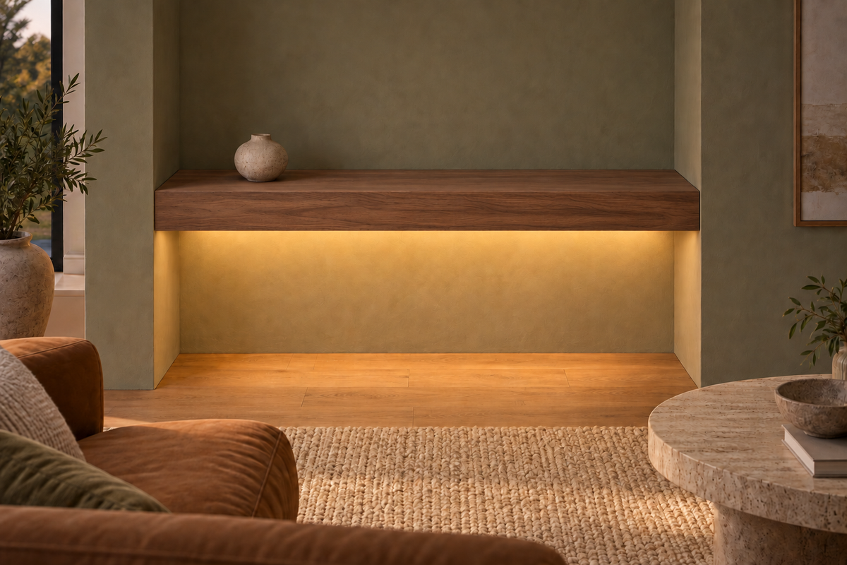 Gentry Stinson Walnut Floating Shelf | 36″ long × 4″ thick | Wall to Wall | Natural | LED Light Ready — Bottom Front location; rendering with separately supplied LED tape