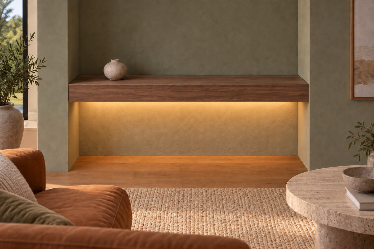 Gentry Stinson Walnut Floating Shelf | 36″ long × 4″ thick | Wall to Wall | Natural | LED Light Ready — Bottom Rear location; rendering with separately supplied LED tape