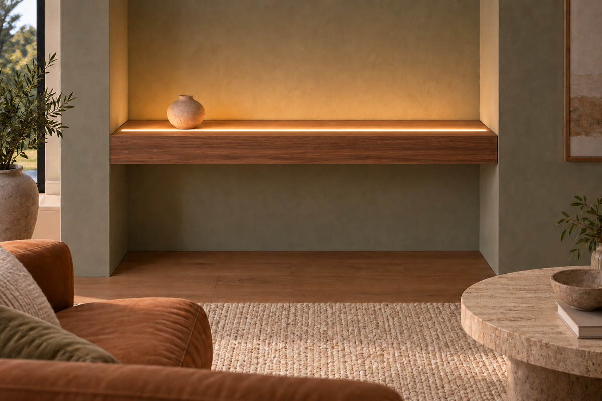 Gentry Stinson Walnut Floating Shelf | 36″ long × 4″ thick | Wall to Wall | Natural | LED Light Ready — Top Front location; rendering with separately supplied LED tape
