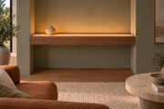 Gentry Stinson Walnut Floating Shelf | 36″ long × 4″ thick | Wall to Wall | Natural | LED Light Ready — Top Front location; rendering with separately supplied LED tape