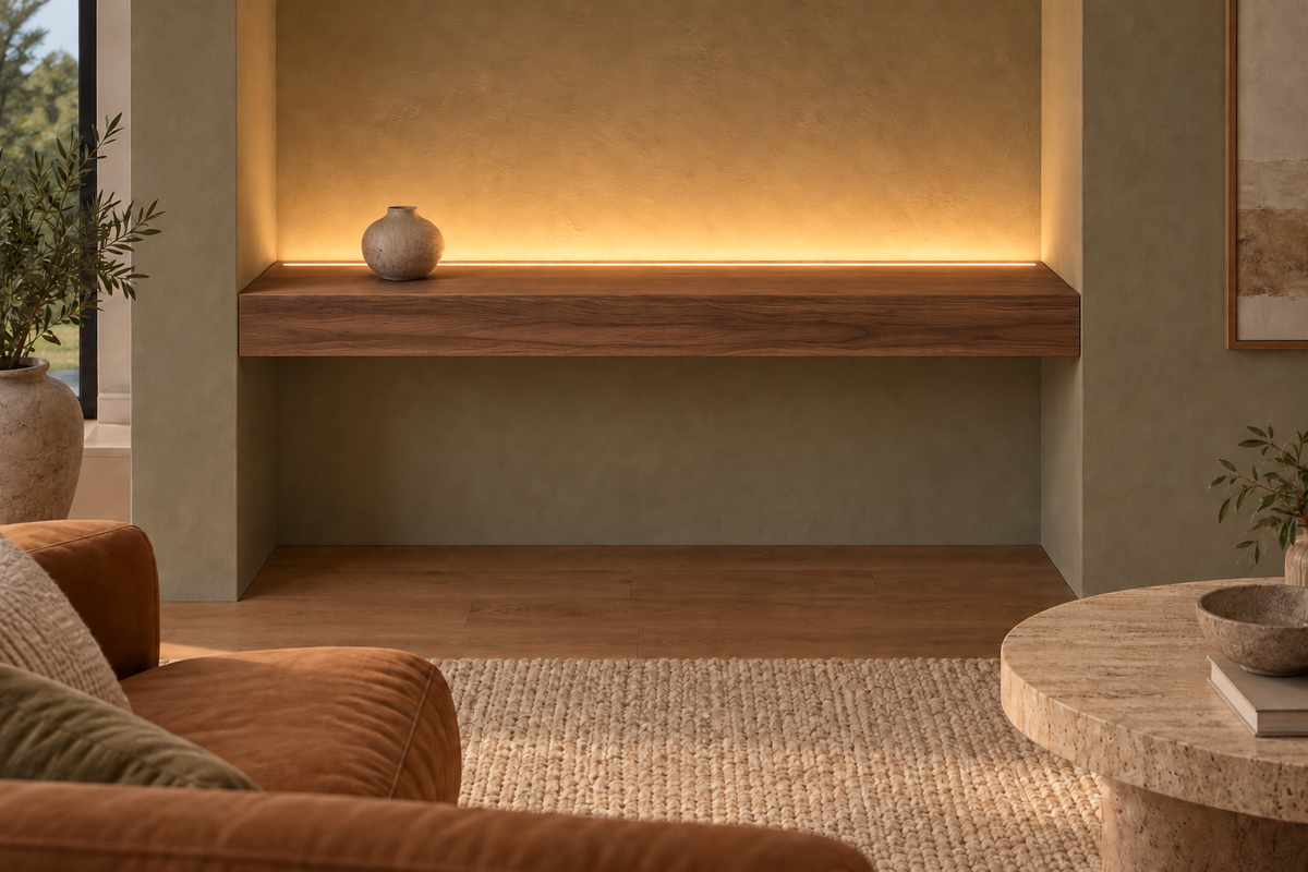 Gentry Stinson Walnut Floating Shelf | 36″ long × 4″ thick | Wall to Wall | Natural | LED Light Ready — Top Rear location; rendering with separately supplied LED tape