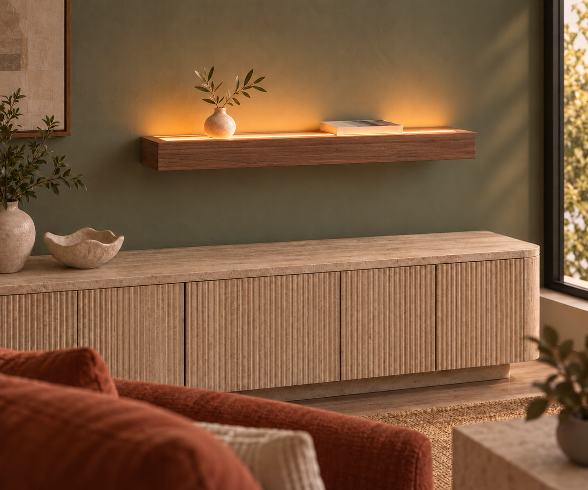 36 × 8 × 3 inch natural walnut floating shelf, standard mount, LED-ready Top Front location shown with separately supplied lighting, living-room rendering