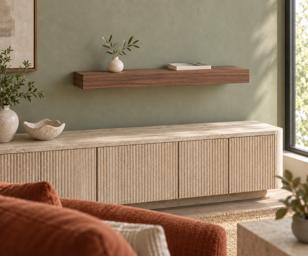 36 × 8 × 3 inch natural walnut floating shelf, standard mount, unlit, living-room rendering