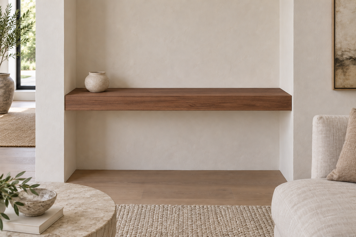36 × 8 × 3 inch natural walnut floating shelf, wall-to-wall mount, unlit, living-room rendering