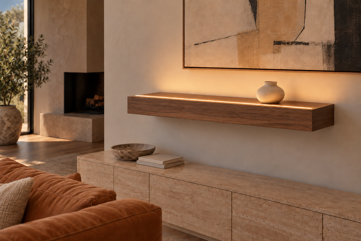 36 × 8 × 4 inch natural walnut floating shelf, standard mount, LED-ready Top Front location shown with separately supplied lighting, living-room rendering