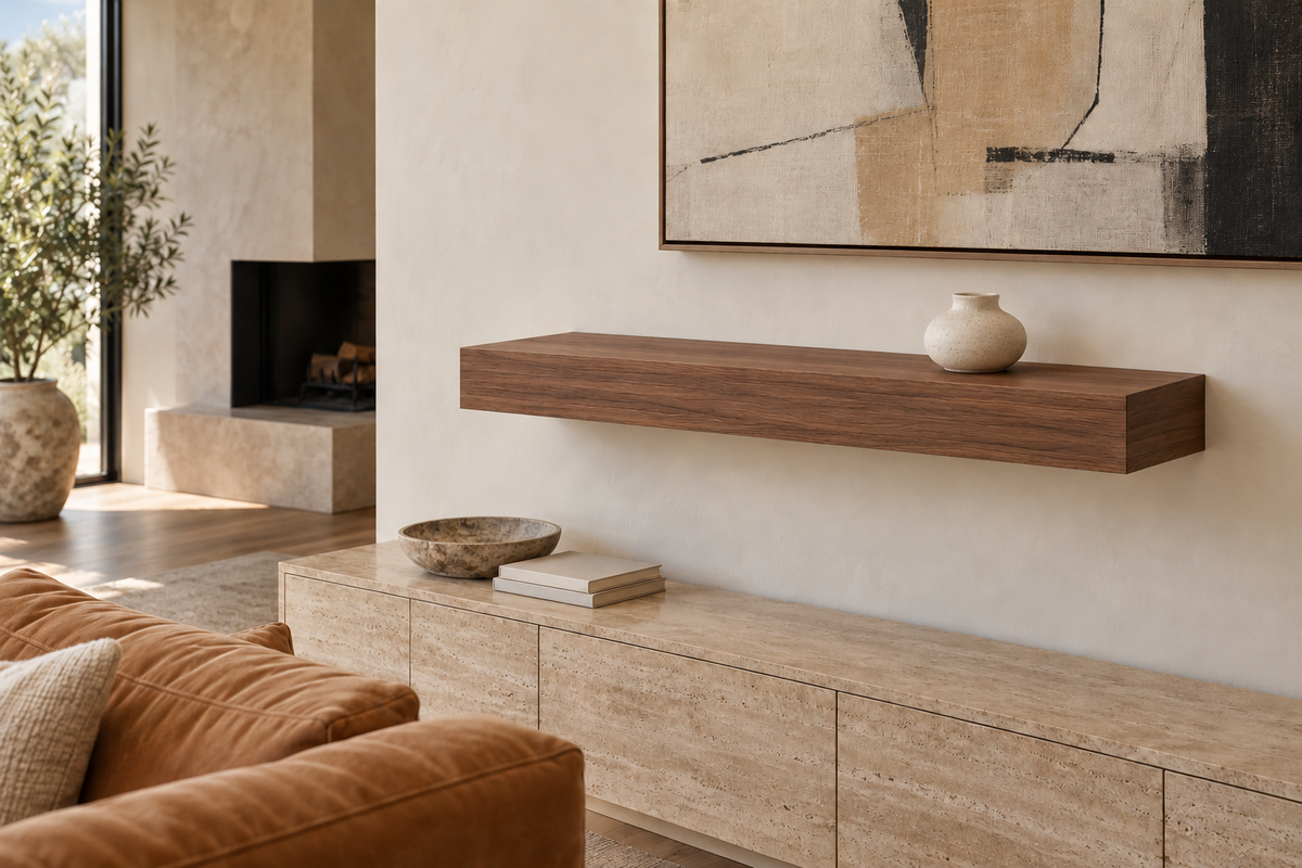 36 × 8 × 4 inch natural walnut floating shelf, standard mount, unlit, living-room rendering