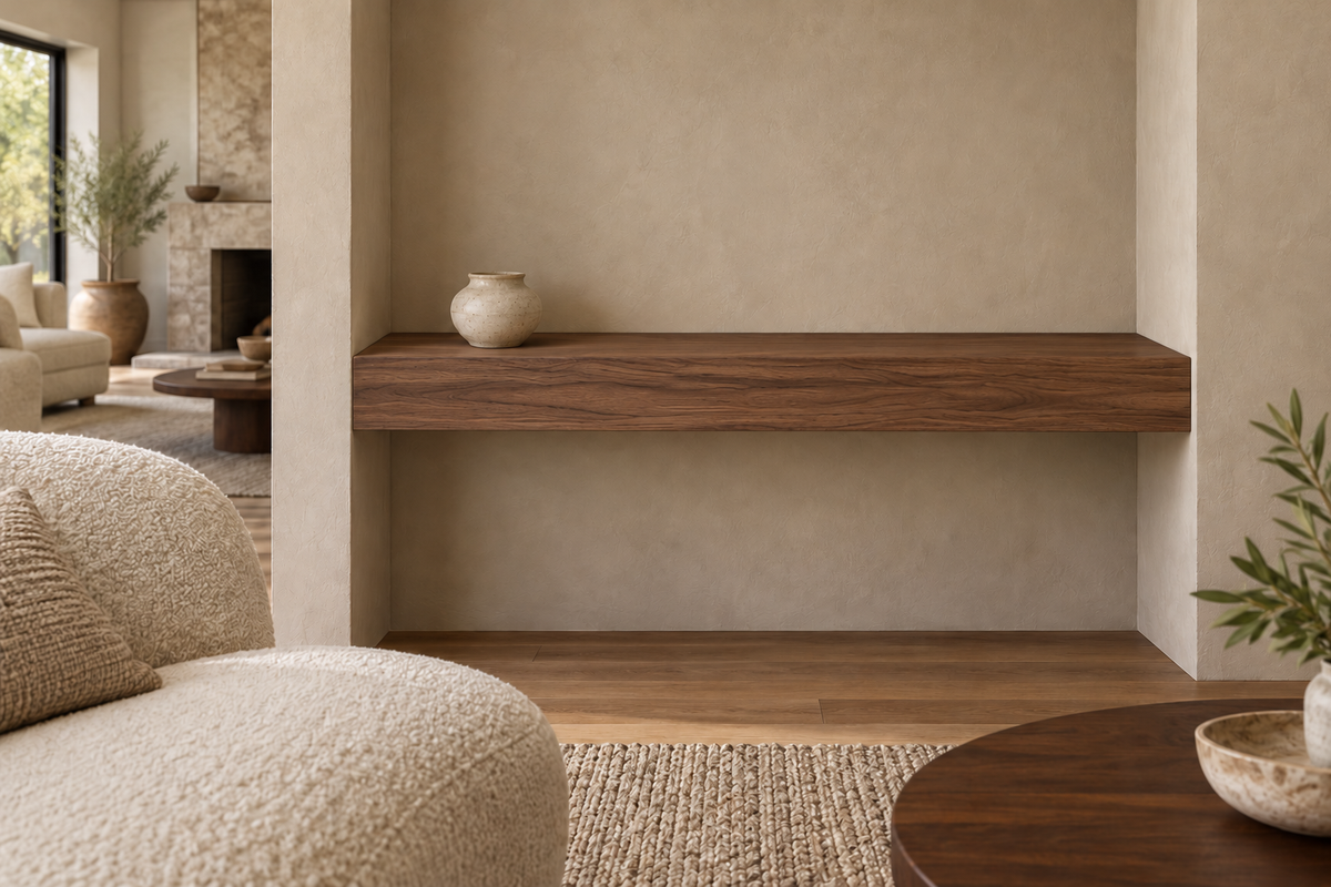 36 × 8 × 4 inch natural walnut floating shelf, wall-to-wall mount, unlit, living-room rendering