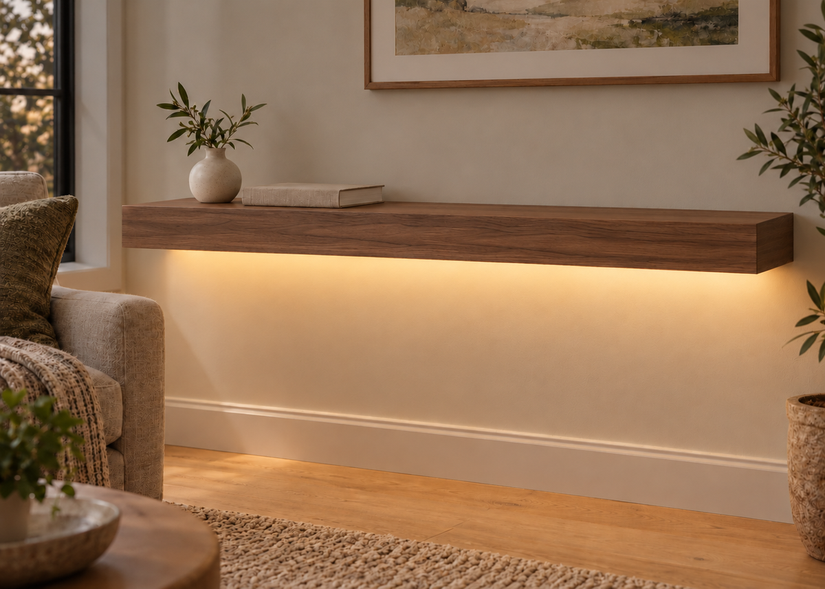 42-inch long, 3-inch thick natural walnut floating shelf, standard mount, LED-ready Bottom Front location shown with separately supplied lighting, living-room rendering