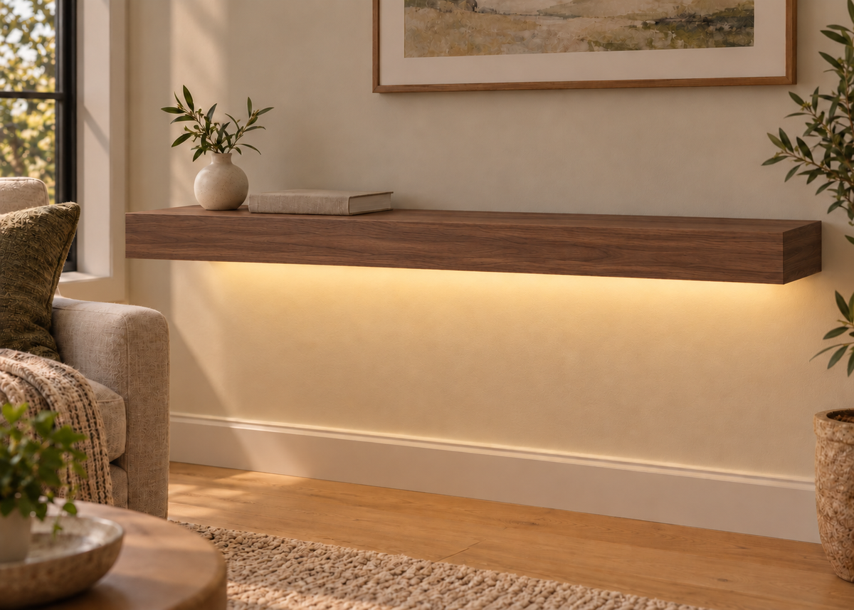 42-inch long, 3-inch thick natural walnut floating shelf, standard mount, LED-ready Bottom Rear location shown with separately supplied lighting, living-room rendering
