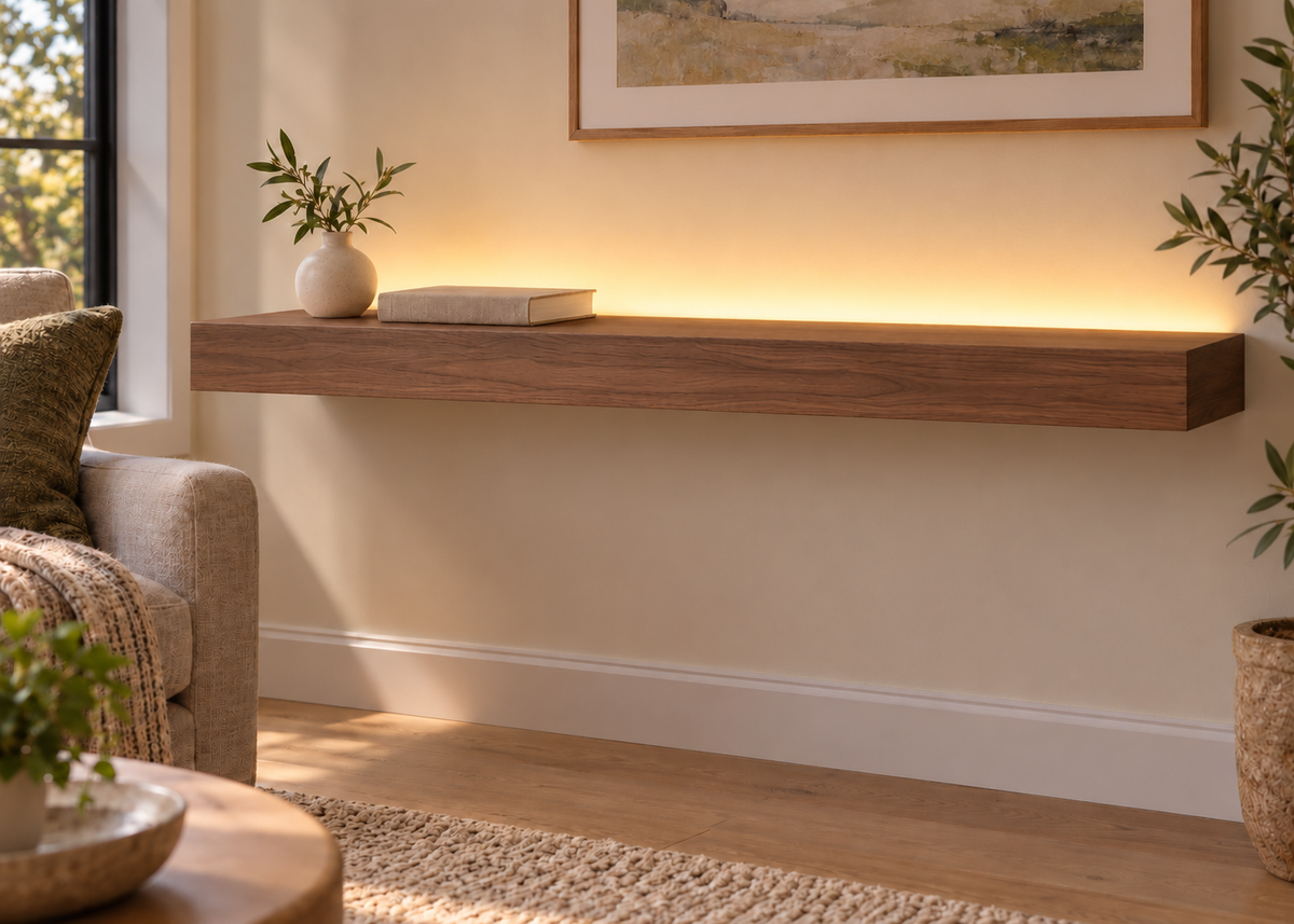 42-inch long, 3-inch thick natural walnut floating shelf, standard mount, LED-ready Top Rear location shown with separately supplied lighting, living-room rendering