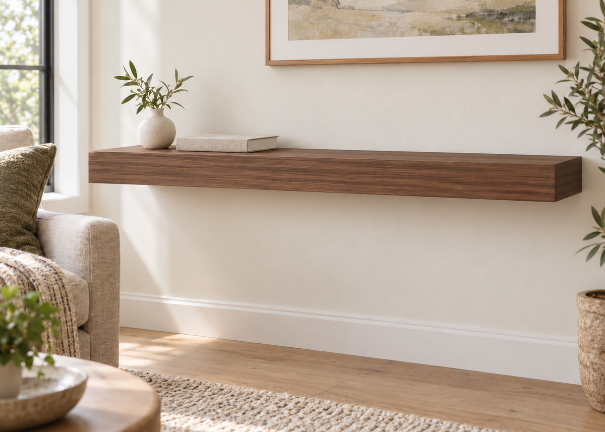 42 × 10 × 3 inch natural walnut floating shelf, standard mount, unlit, living-room rendering