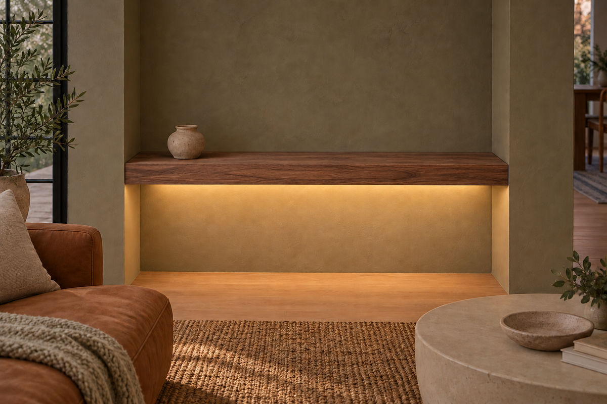 Gentry Stinson Walnut Floating Shelf | 42″ long × 3″ thick | Wall to Wall | Natural | LED Light Ready — Bottom Front location; rendering with separately supplied LED tape