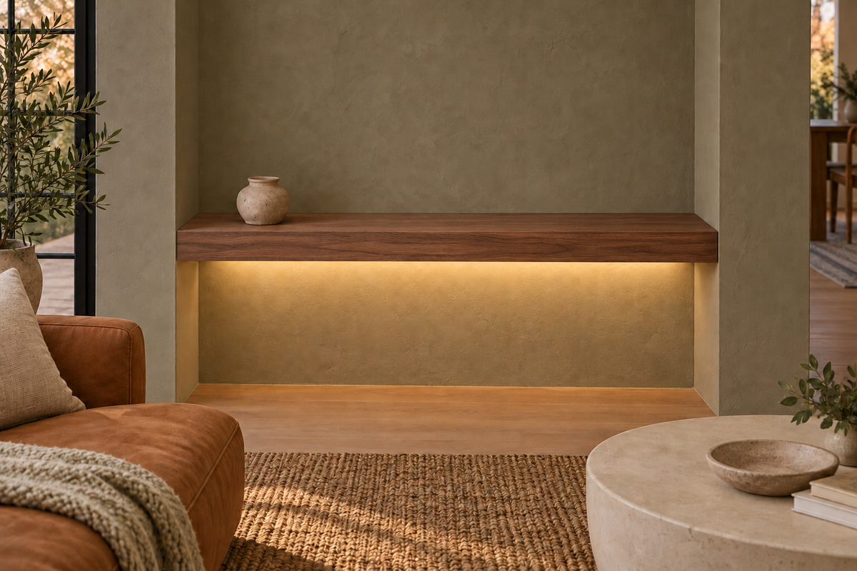 Gentry Stinson Walnut Floating Shelf | 42″ long × 3″ thick | Wall to Wall | Natural | LED Light Ready — Bottom Rear location; rendering with separately supplied LED tape