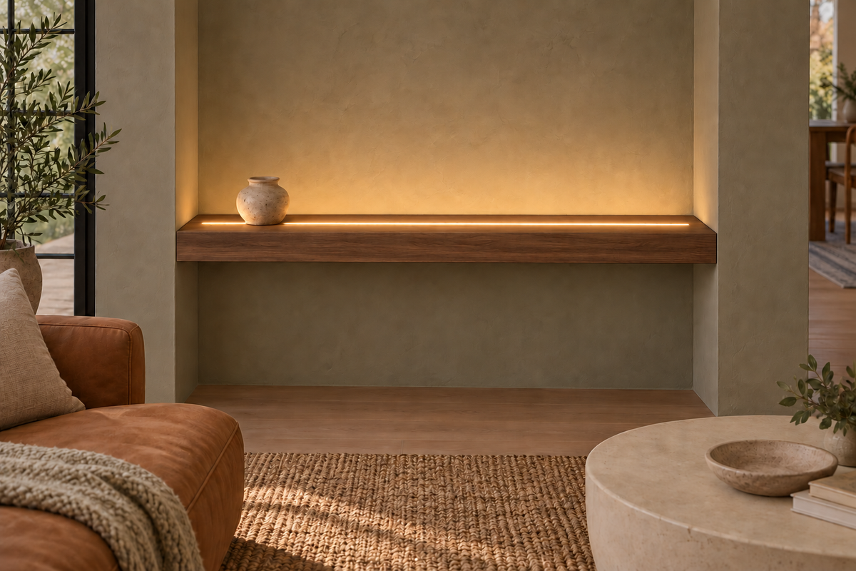 Gentry Stinson Walnut Floating Shelf | 42″ long × 3″ thick | Wall to Wall | Natural | LED Light Ready — Top Front location; rendering with separately supplied LED tape