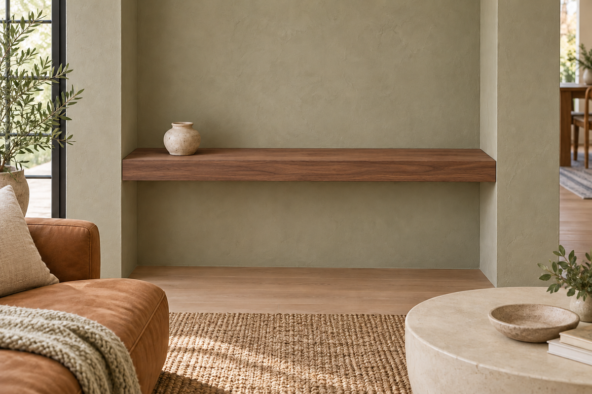 42-inch long, 3-inch thick natural walnut floating shelf, wall-to-wall mount, unlit, living-room rendering