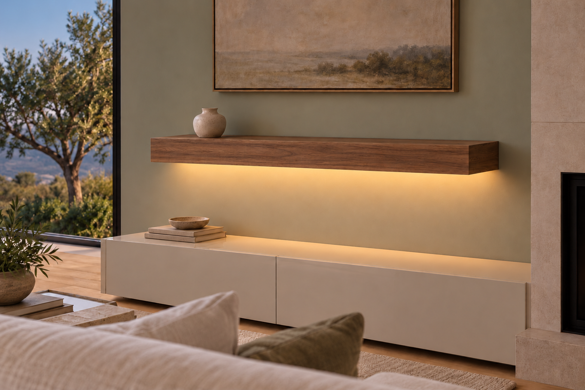 Gentry Stinson Walnut Floating Shelf | 42″ long × 4″ thick | Standard Mount | Natural | LED Light Ready — Bottom Front location; rendering with separately supplied LED tape