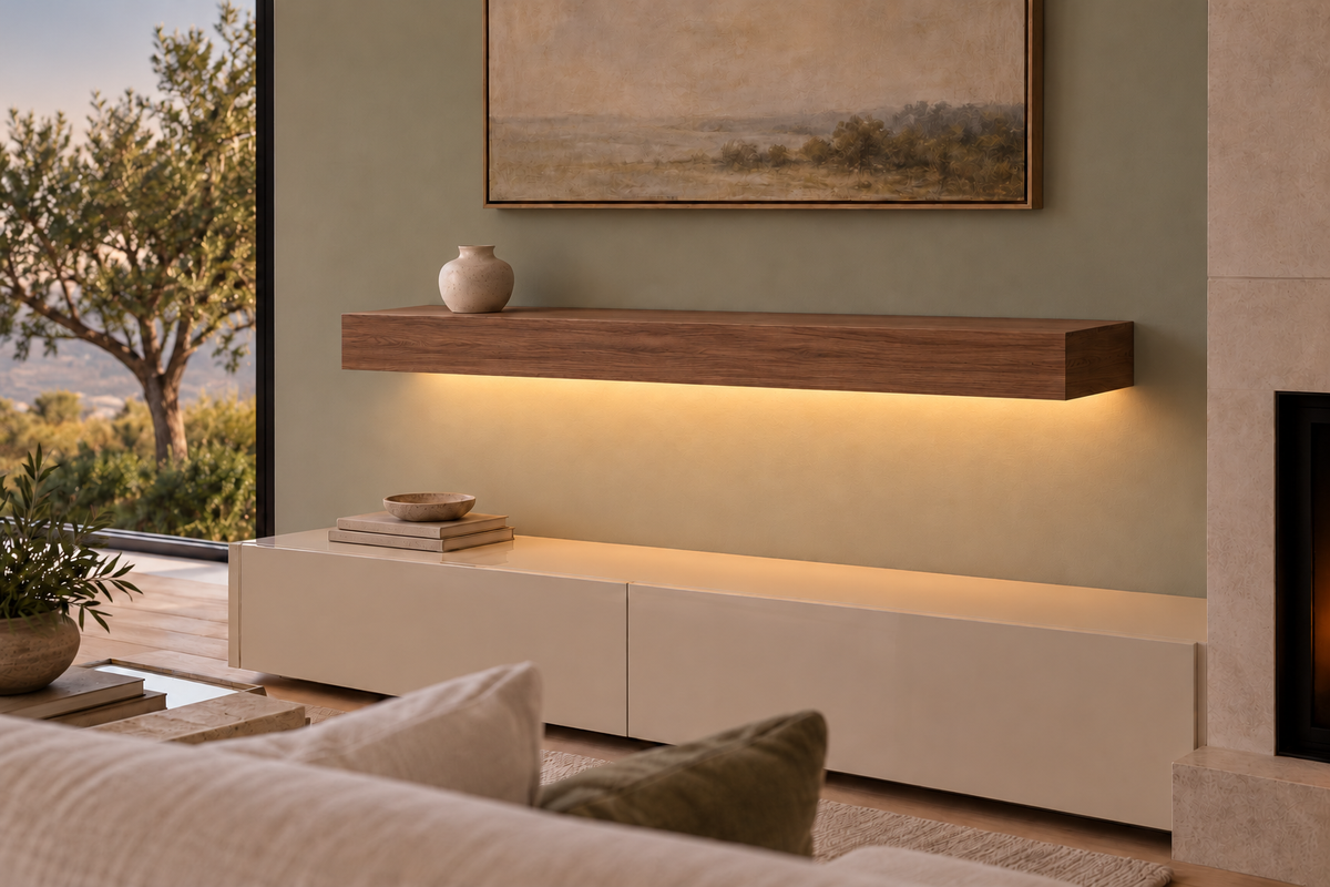 Gentry Stinson Walnut Floating Shelf | 42″ long × 4″ thick | Standard Mount | Natural | LED Light Ready — Bottom Rear location; rendering with separately supplied LED tape